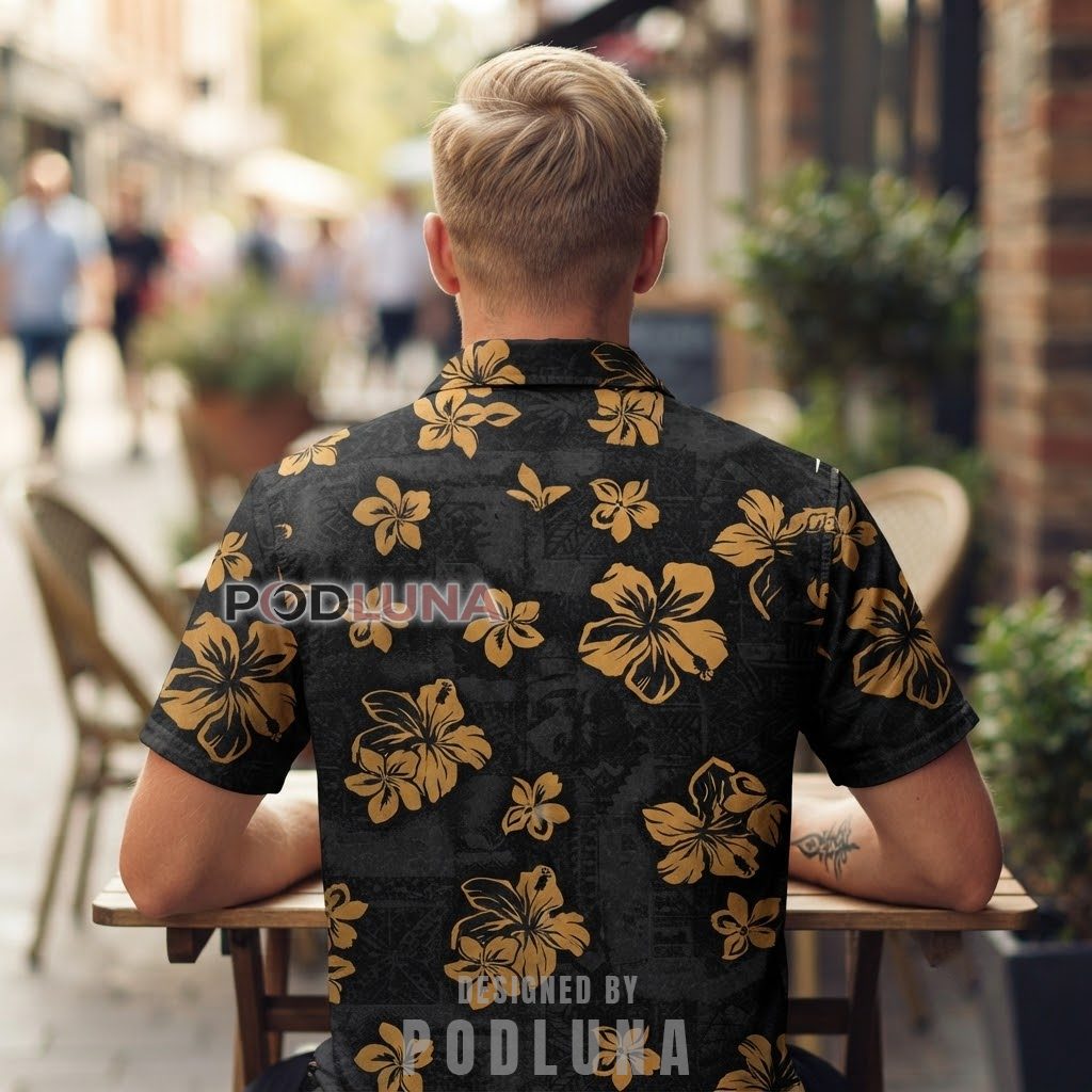 Black Hibiscus Hawaiian Shirt Gold Tribal Print Version 3 Black Hibiscus Hawaiian Shirt Gold Tribal Print Version 3