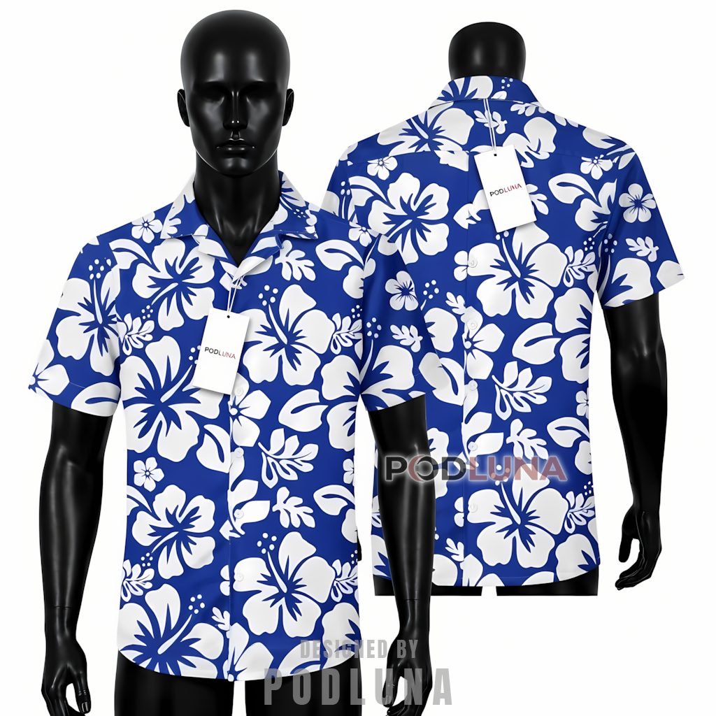 Blue Hibiscus Hawaiian Shirt Bold Silhouette Print Front
