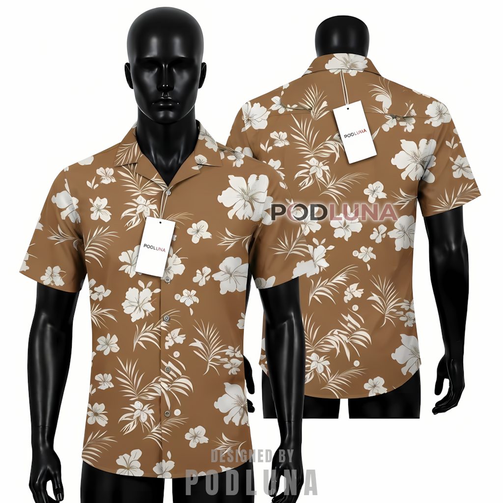 Brown Hibiscus Hawaiian Shirt Tropical Palm Leaf Print Front
