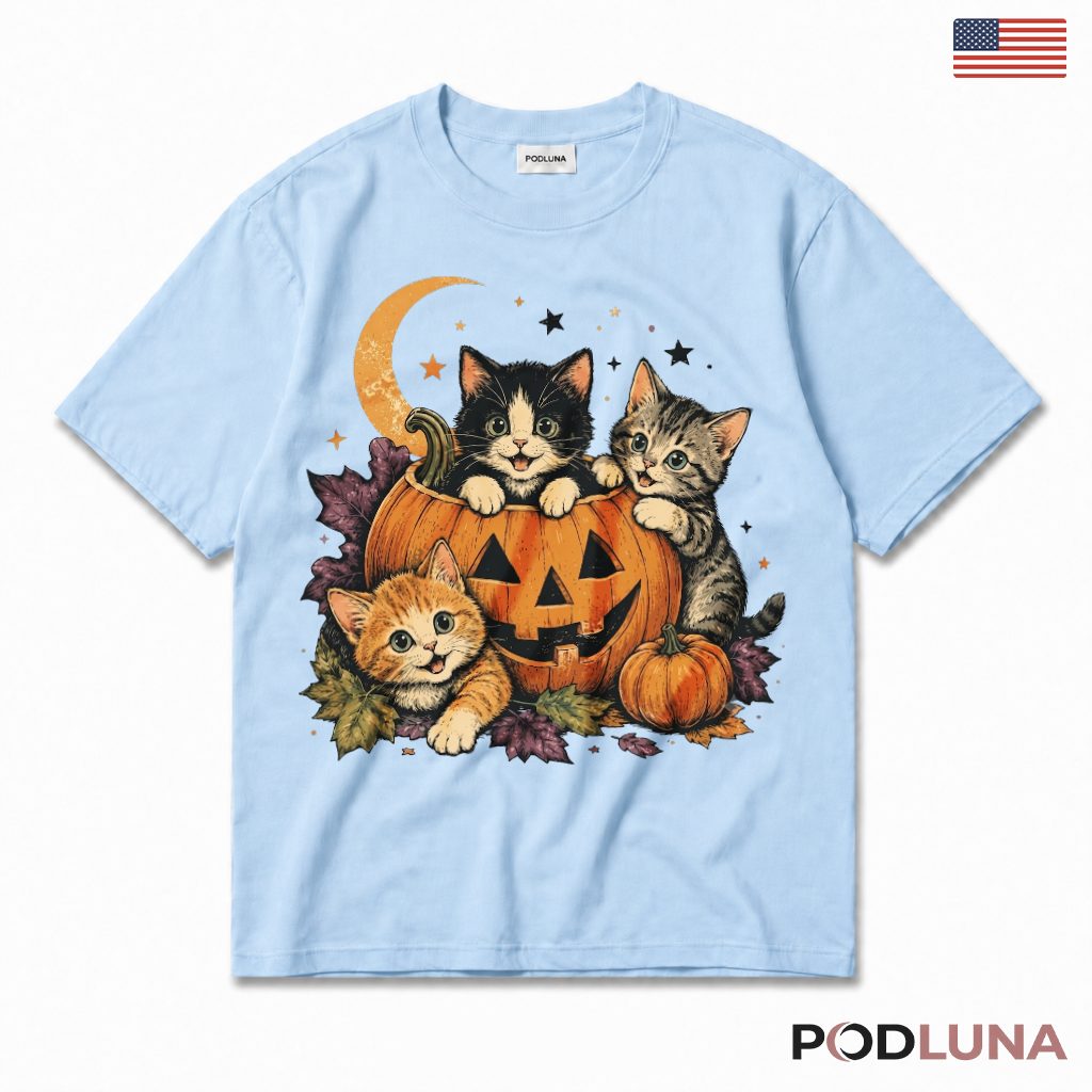 Cat Lover Halloween Pumpkin T-Shirt With Kittens