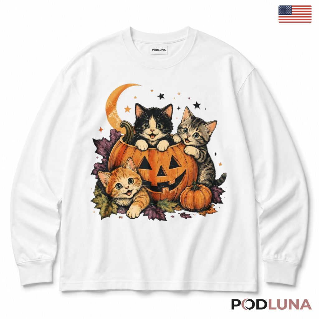 Cat Lover Halloween Pumpkin Long Sleeve With Kittens Cat Lover Halloween Pumpkin Long Sleeve With Kittens