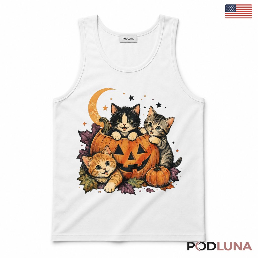 Cat Lover Halloween Pumpkin Tank Top With Kittens Cat Lover Halloween Pumpkin Tank Top With Kittens