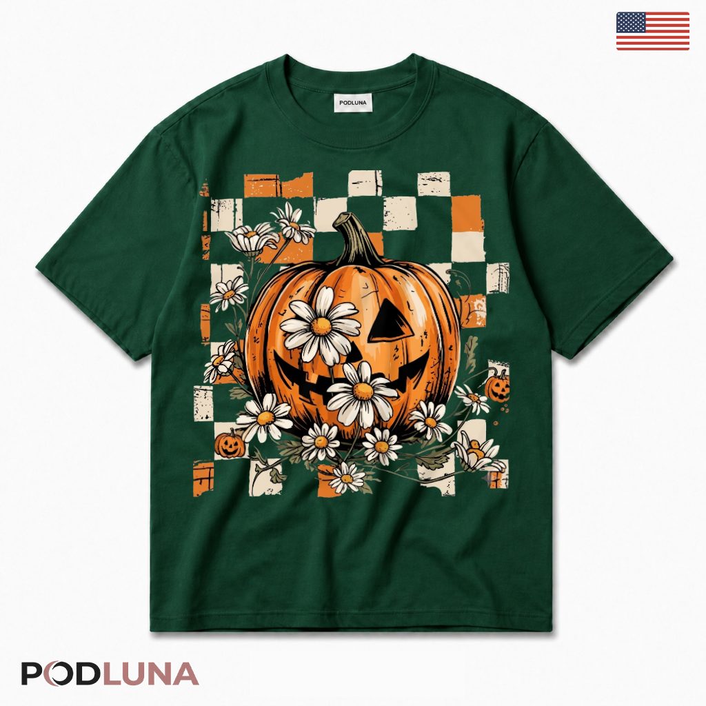 Checkered Daisy Pumpkin Halloween T-Shirt