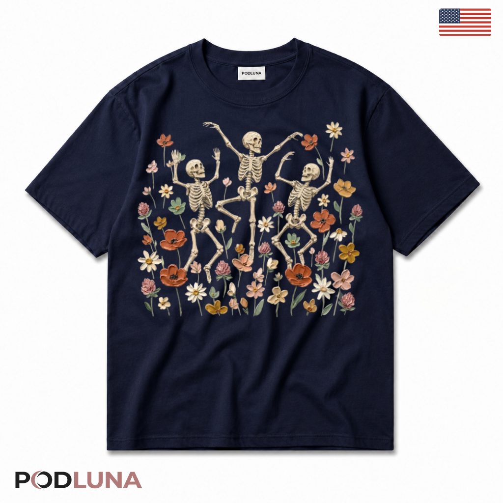 Dancing Skeleton Floral Halloween T-Shirt