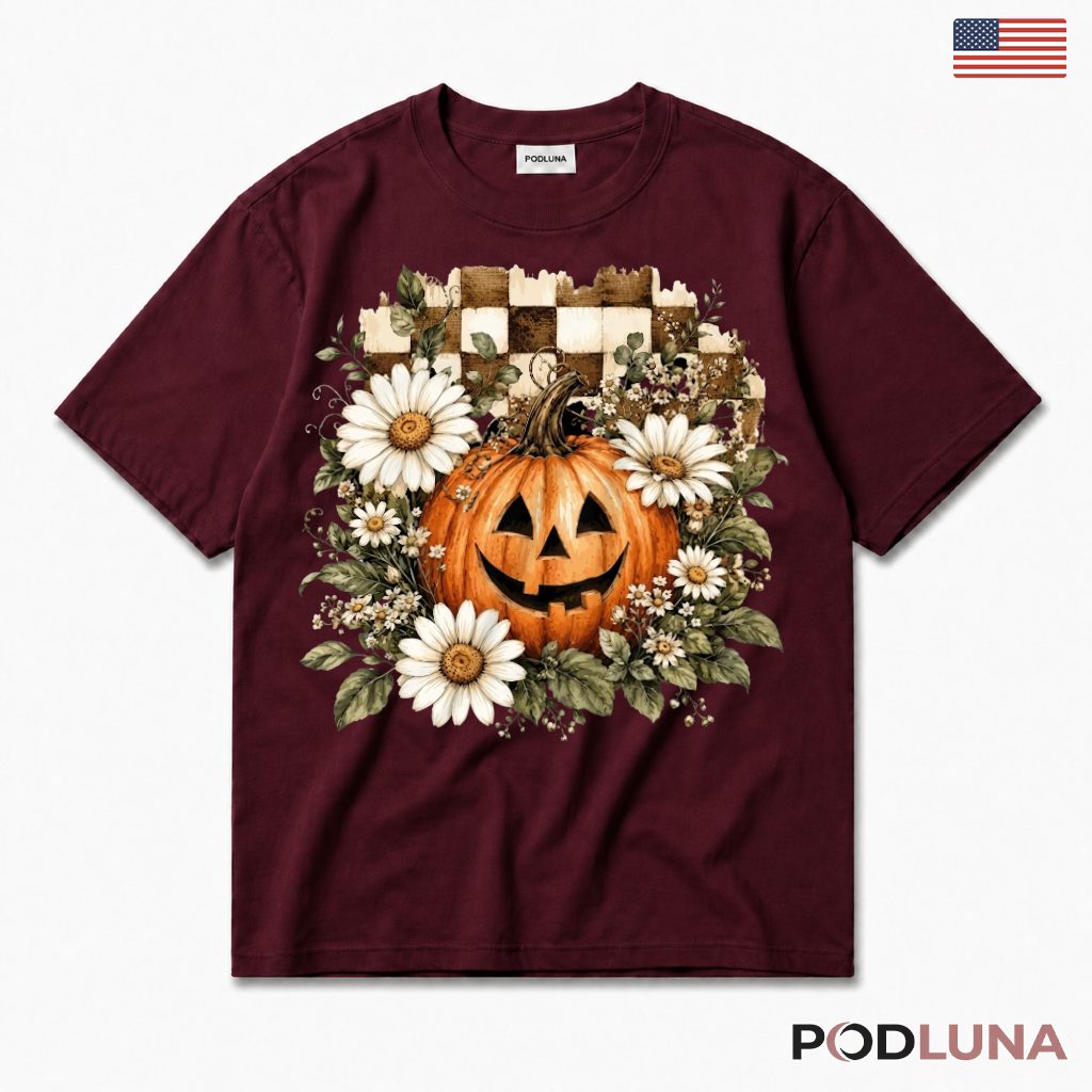 Floral Checkered Pumpkin Halloween T-Shirt