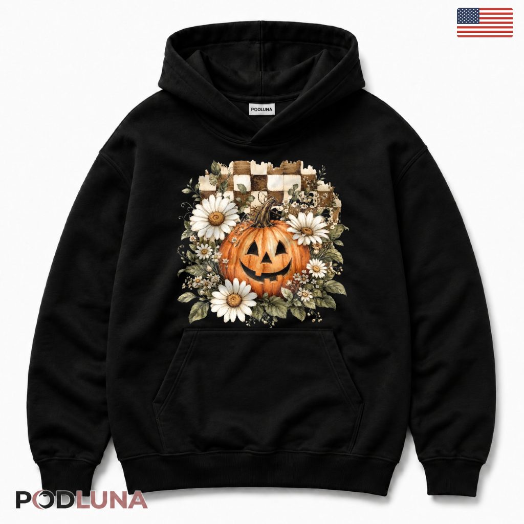 Floral Checkered Pumpkin Halloween Hoodie Floral Checkered Pumpkin Halloween Hoodie