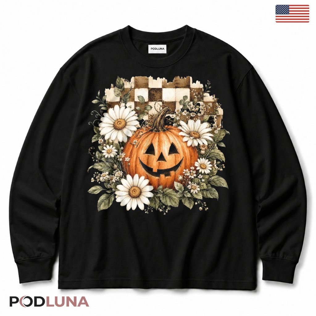 Floral Checkered Pumpkin Halloween Long Sleeve Floral Checkered Pumpkin Halloween Long Sleeve