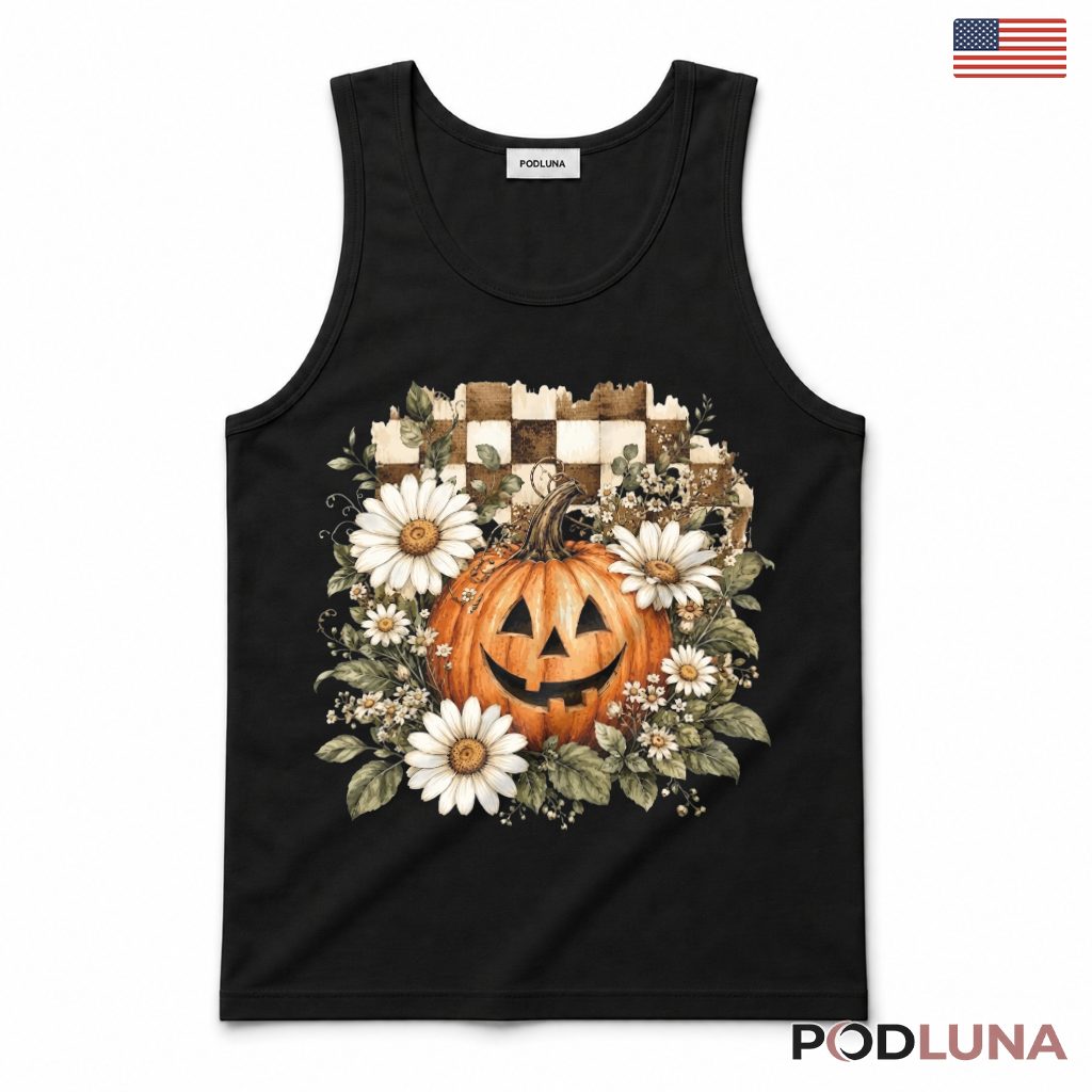 Floral Checkered Pumpkin Halloween Tank Top Floral Checkered Pumpkin Halloween Tank Top