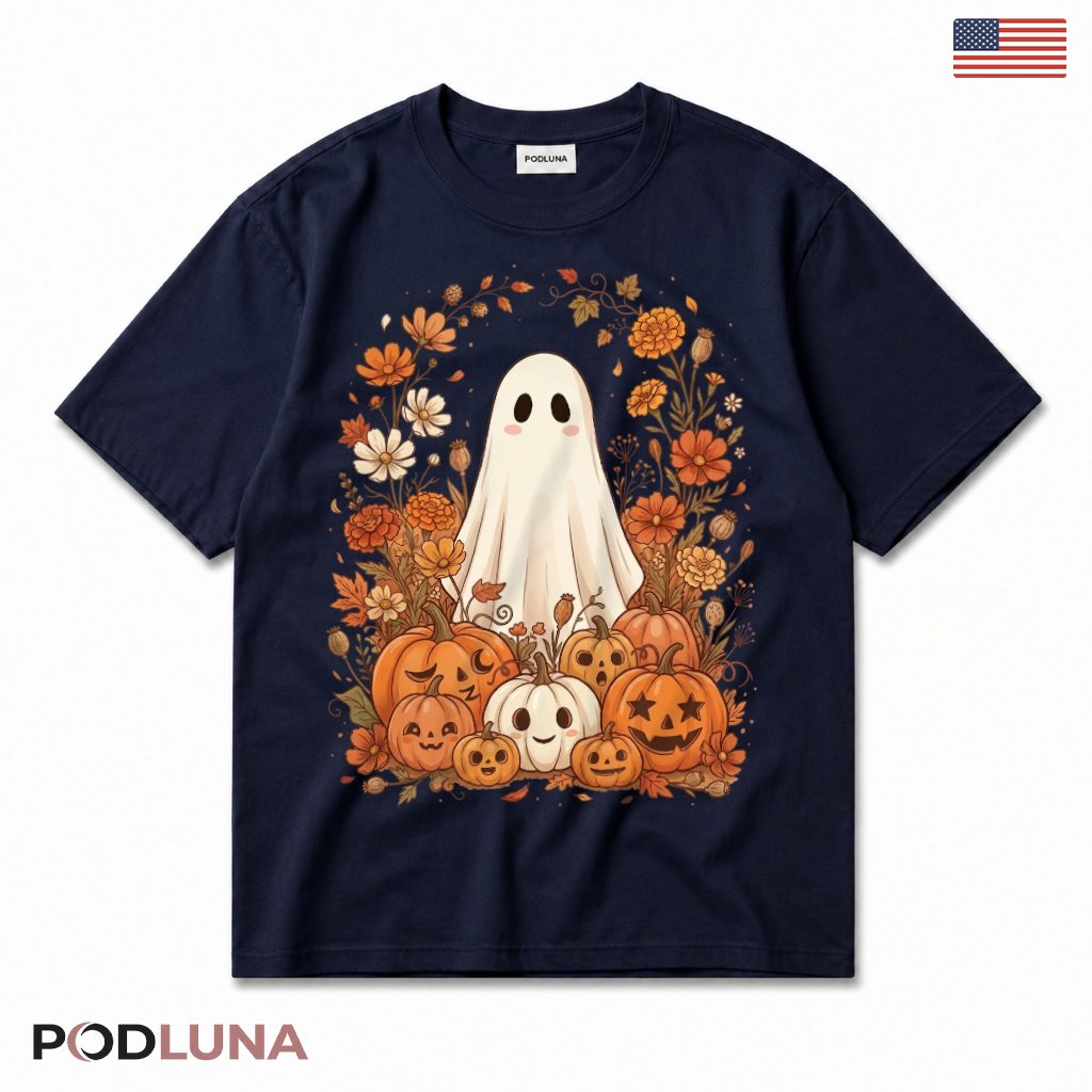 Floral Ghost Jack O Lantern Halloween T-Shirt