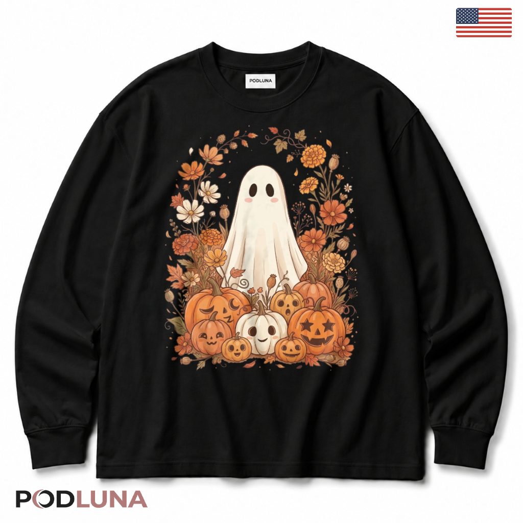 Floral Ghost Jack O Lantern Halloween Long Sleeve Floral Ghost Jack O Lantern Halloween Long Sleeve