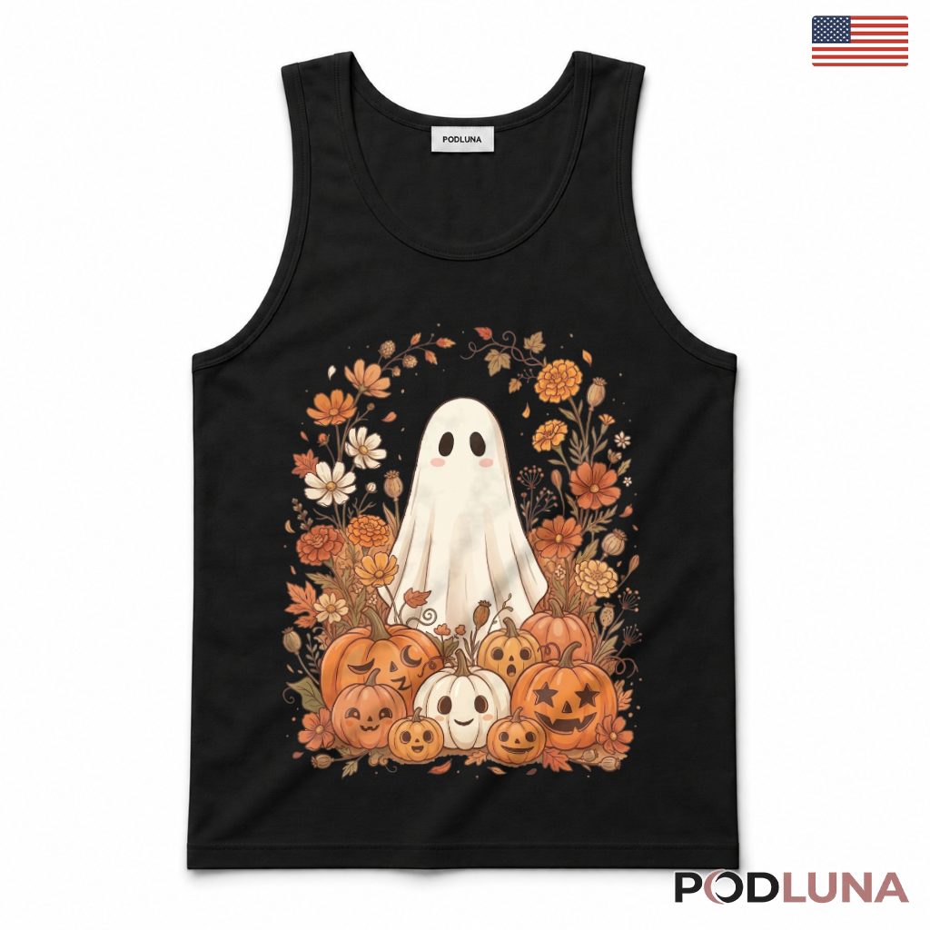 Floral Ghost Jack O Lantern Halloween Tank Top Floral Ghost Jack O Lantern Halloween Tank Top