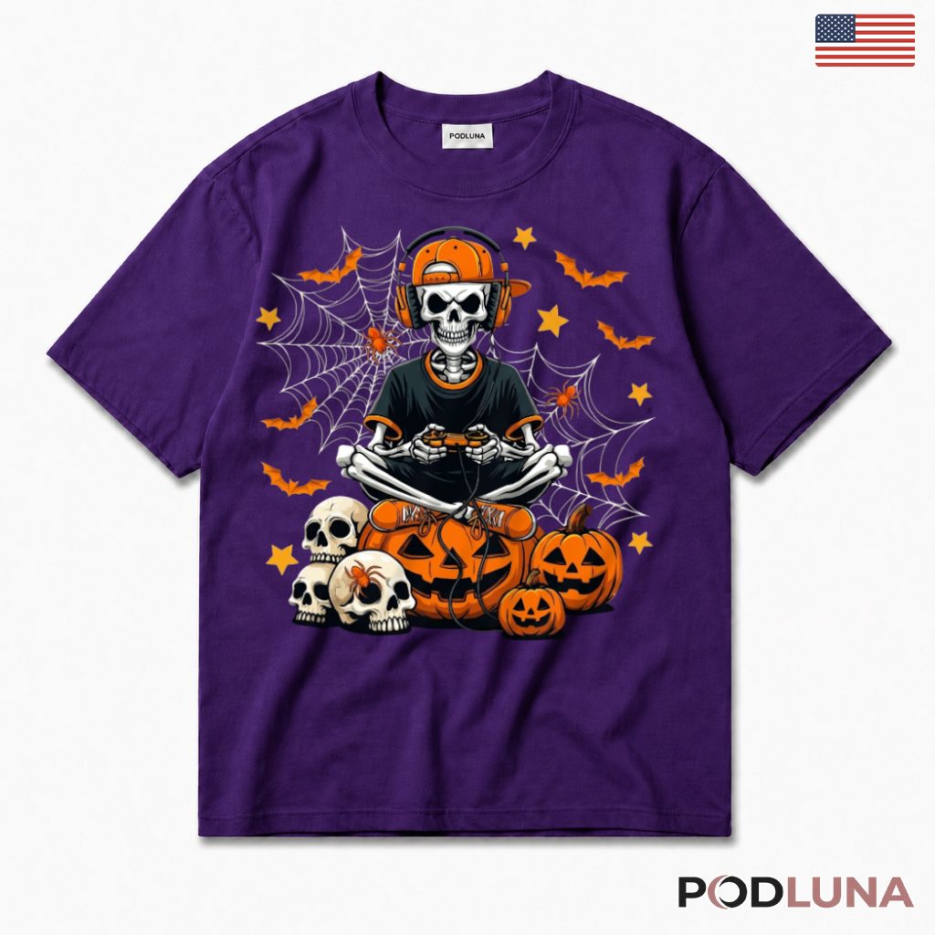 Gamer Skeleton Halloween Pumpkin T-Shirt