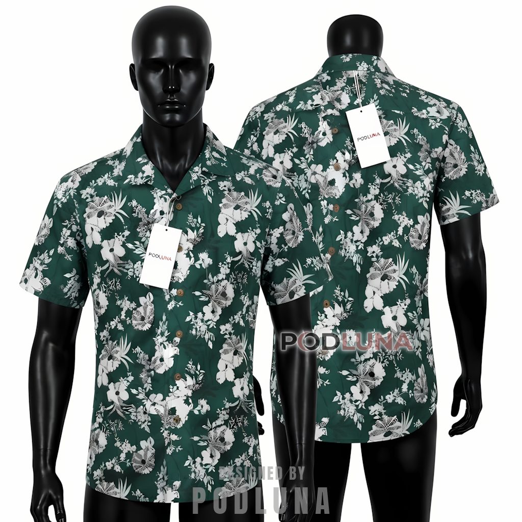 Green Hibiscus Hawaiian Shirt Monochrome Botanical Design Front