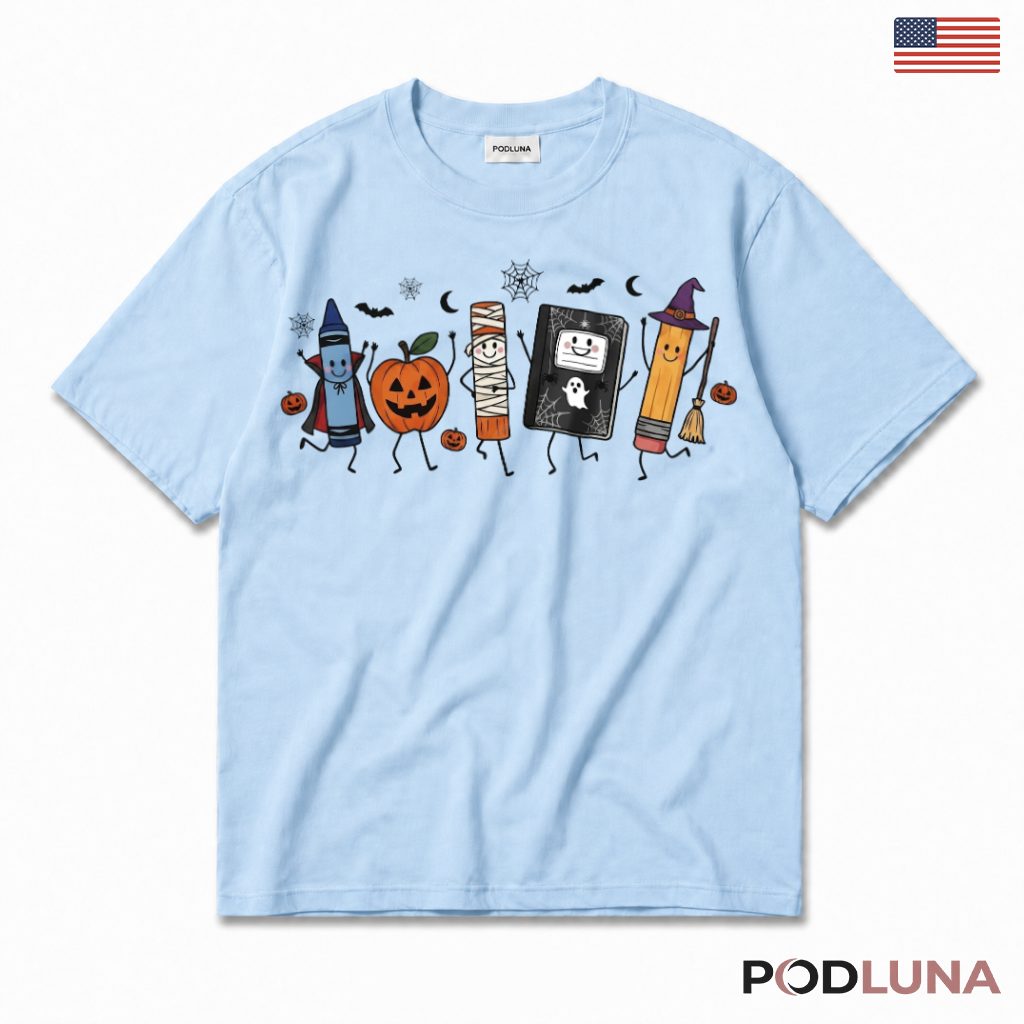 Halloween Teacher T-Shirt With Crayons And Pumpkin