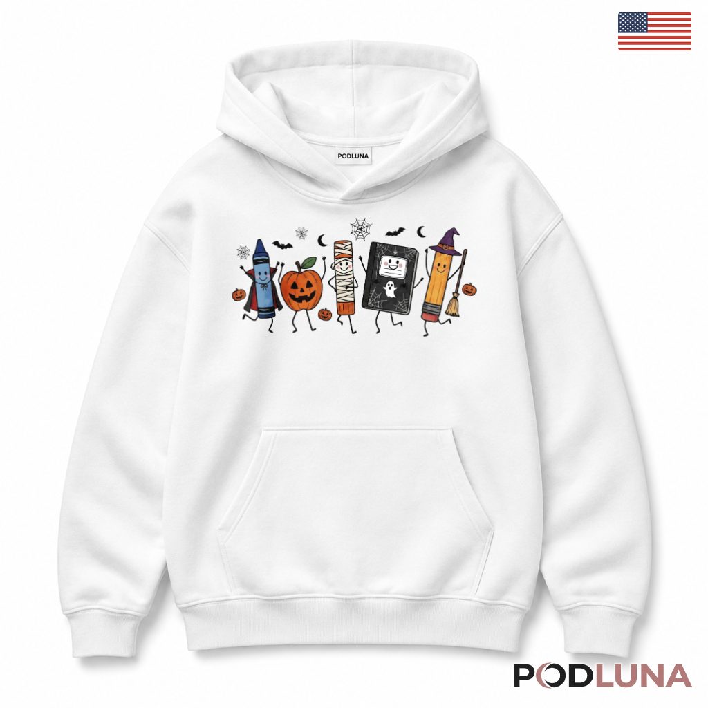 Halloween Teacher Hoodie With Crayons And Pumpkin Halloween Teacher Hoodie With Crayons And Pumpkin