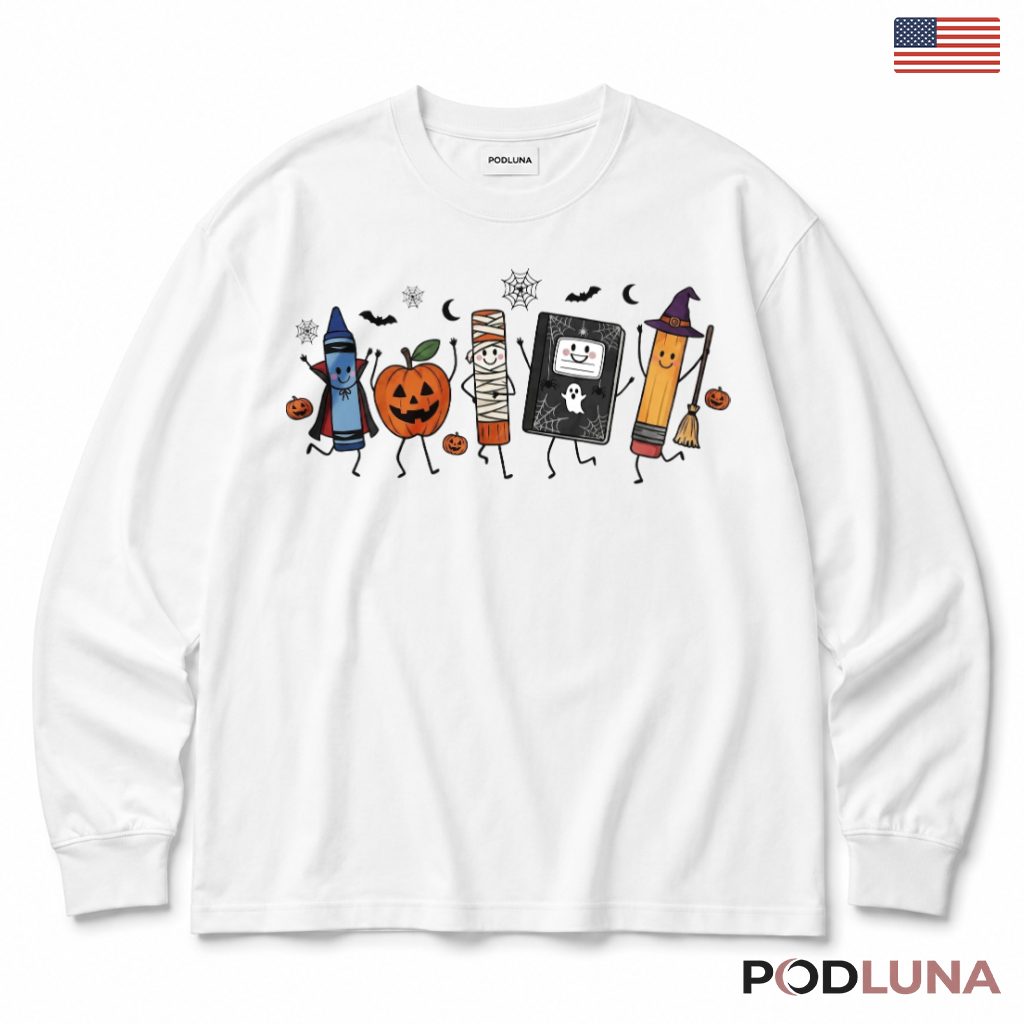 Halloween Teacher Long Sleeve With Crayons And Pumpkin Halloween Teacher Long Sleeve With Crayons And Pumpkin