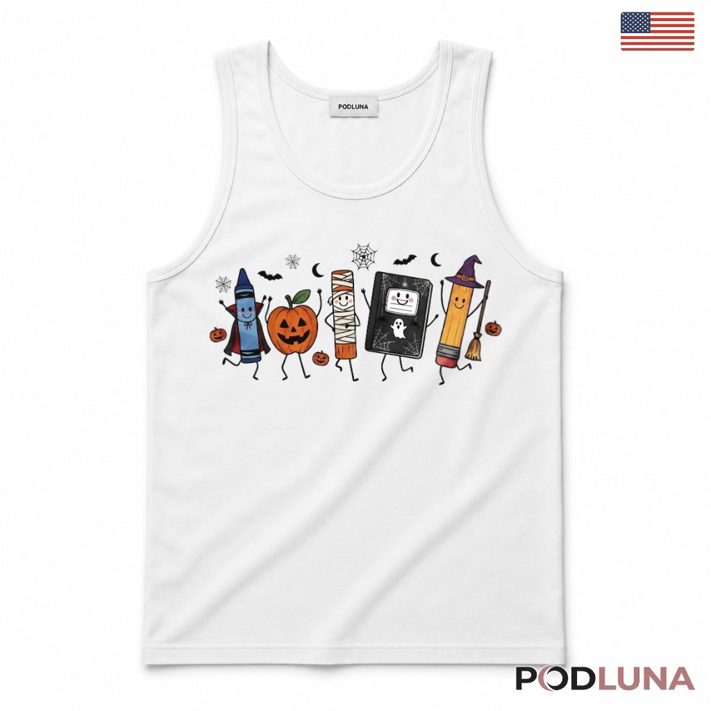 Halloween Teacher Tank Top With Crayons And Pumpkin Halloween Teacher Tank Top With Crayons And Pumpkin