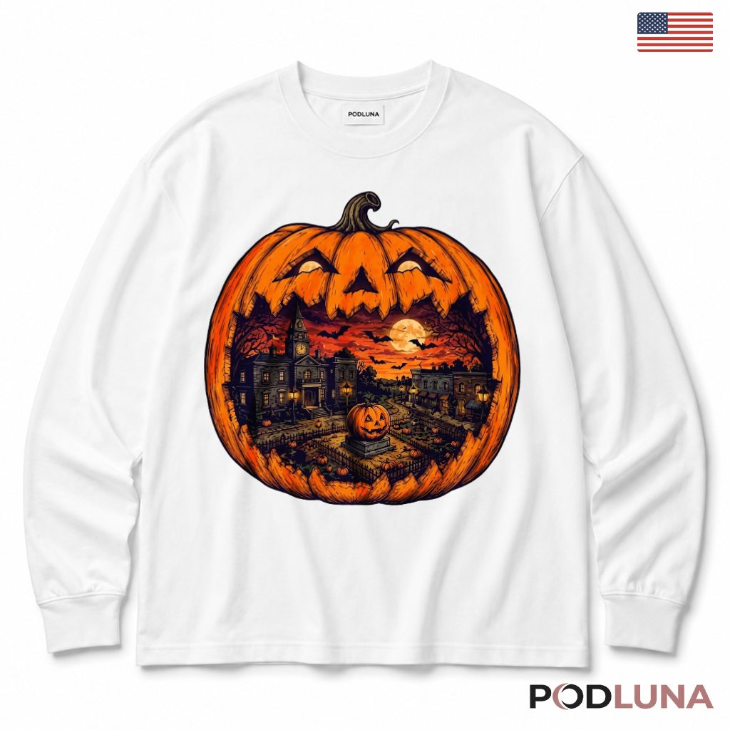 Haunted Village Jack O Lantern Halloween Long Sleeve Haunted Village Jack O Lantern Halloween Long Sleeve