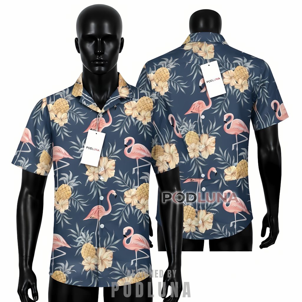 Navy Flamingo And Pineapple Hawaiian Shirt Hibiscus Print Front