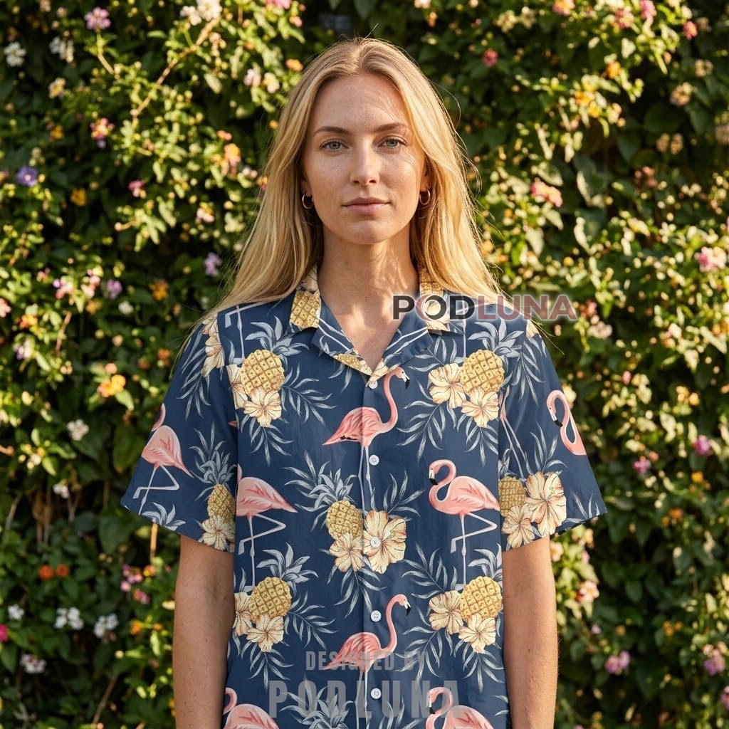 Navy Flamingo And Pineapple Hawaiian Shirt Hibiscus Print Back Navy Flamingo And Pineapple Hawaiian Shirt Hibiscus Print Back