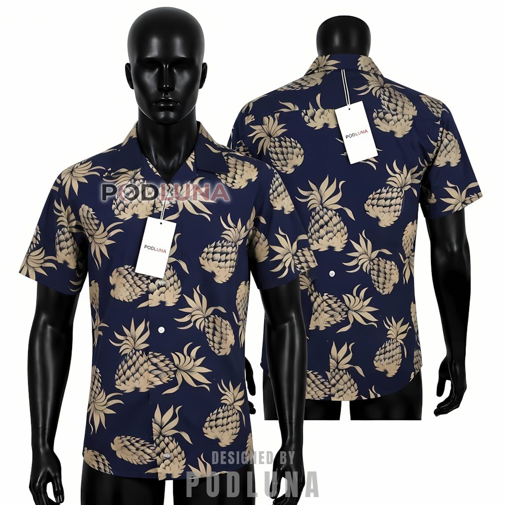 Navy Pineapple Hawaiian Shirt Silhouette Khaki Print Front