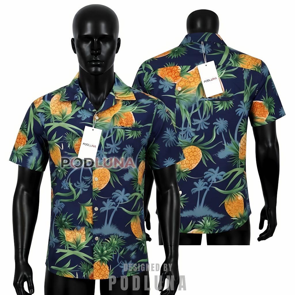 Navy Pineapple Hawaiian Shirt Tropical Palm Tree Print Front