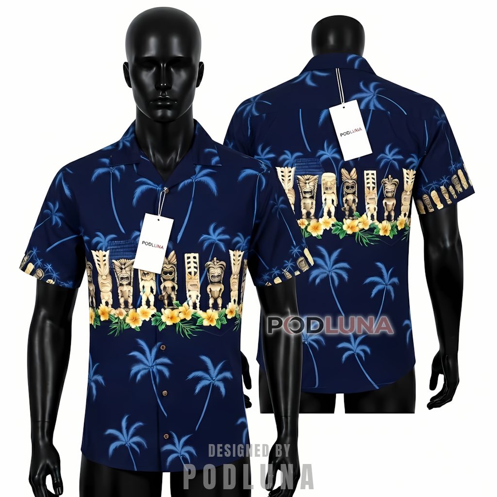 Navy Tiki Statue Hawaiian Shirt Palm Tree Border Print Front