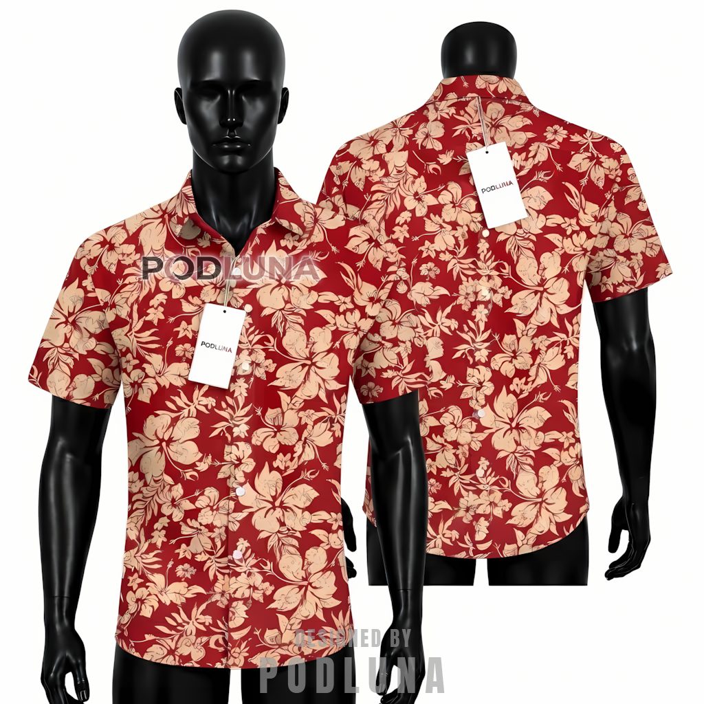 Red Hibiscus Hawaiian Shirt Vintage Floral Design Front