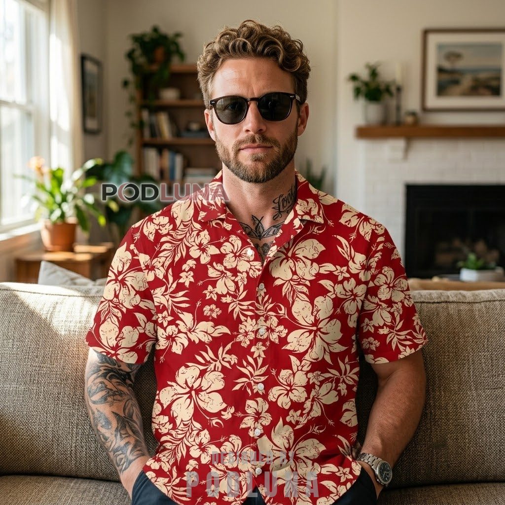 Red Hibiscus Hawaiian Shirt Vintage Floral Design Back Red Hibiscus Hawaiian Shirt Vintage Floral Design Back