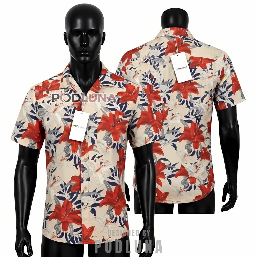 Red Lily Floral Hawaiian Shirt Cream Tropical Leaf Print Front
