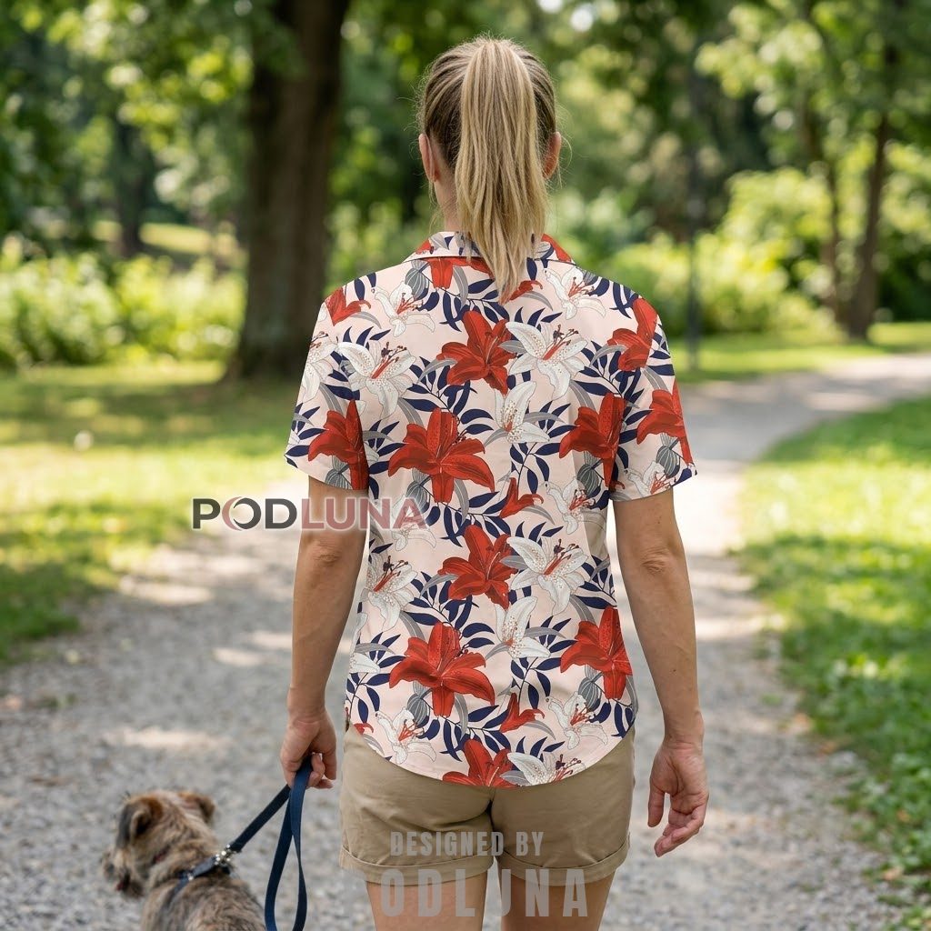 Red Lily Floral Hawaiian Shirt Cream Tropical Leaf Print Version 3 Red Lily Floral Hawaiian Shirt Cream Tropical Leaf Print Version 3