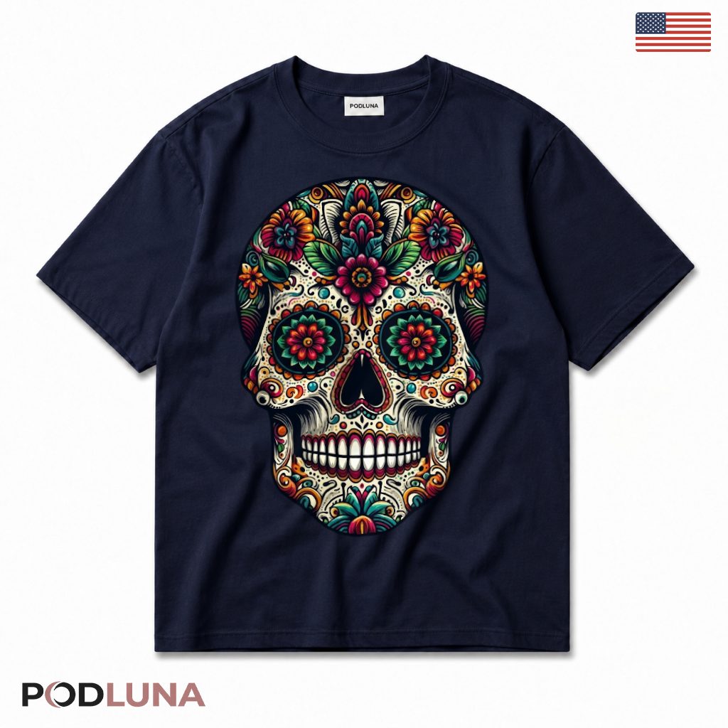 Sugar Skull Floral Dia De Los Muertos T-Shirt