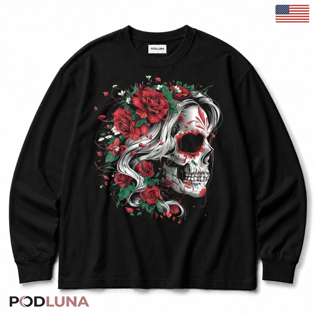 Sugar Skull Rose Dia De Los Muertos Long Sleeve Sugar Skull Rose Dia De Los Muertos Long Sleeve