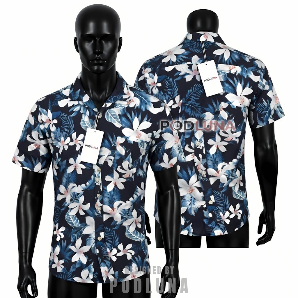 White Hibiscus Hawaiian Shirt Navy Palm Leaf Print Front