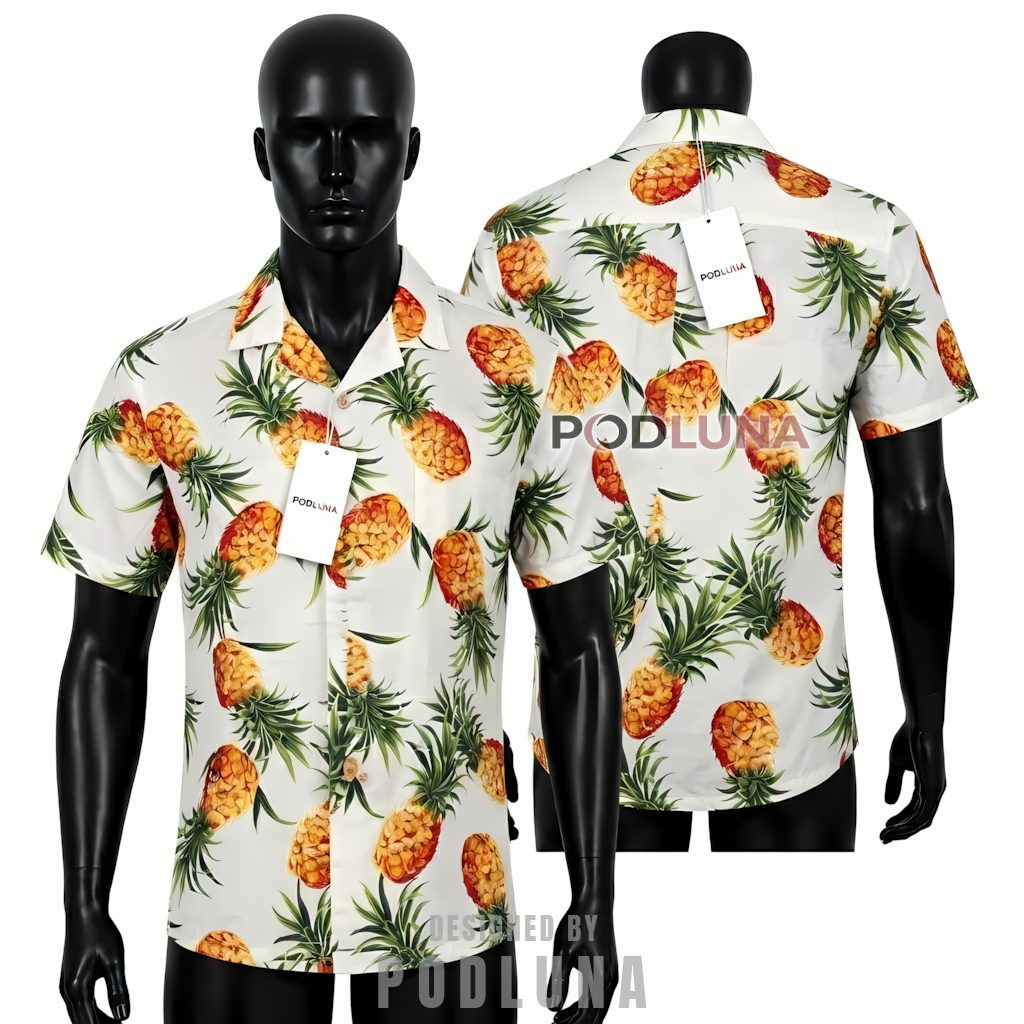 White Pineapple Print Hawaiian Shirt Cotton Design Front