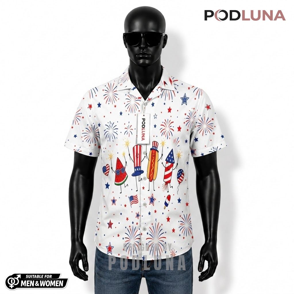 4th Of July Patriotic Hawaiian Shirt Dancing Watermelon Fireworks Front