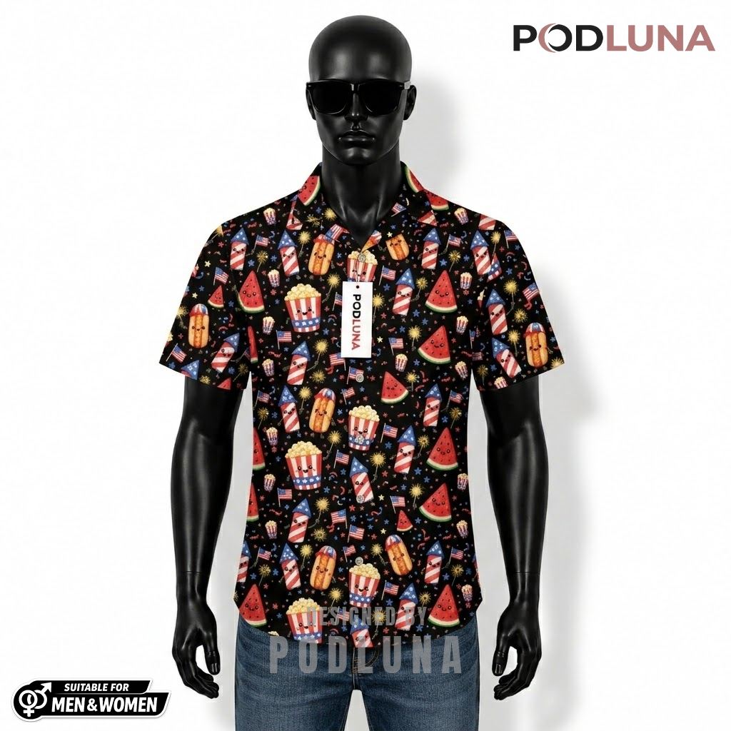 4th Of July Patriotic Hawaiian Shirt Watermelon Popcorn Fireworks Front