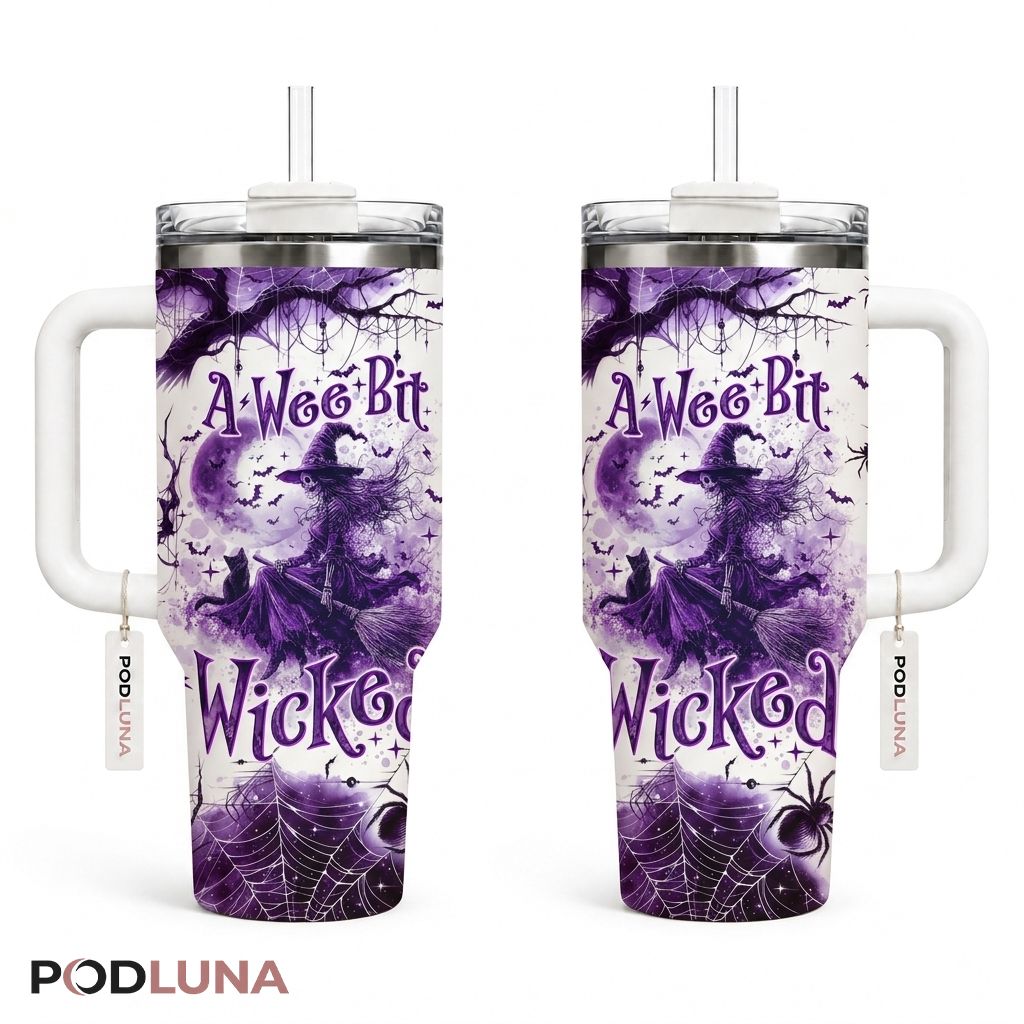A Wee Bit Wicked Halloween Tumbler 40oz Skeleton Broom Design