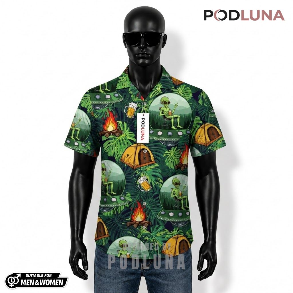 Alien Beer Hawaiian Shirt UFO Camping Pattern Front