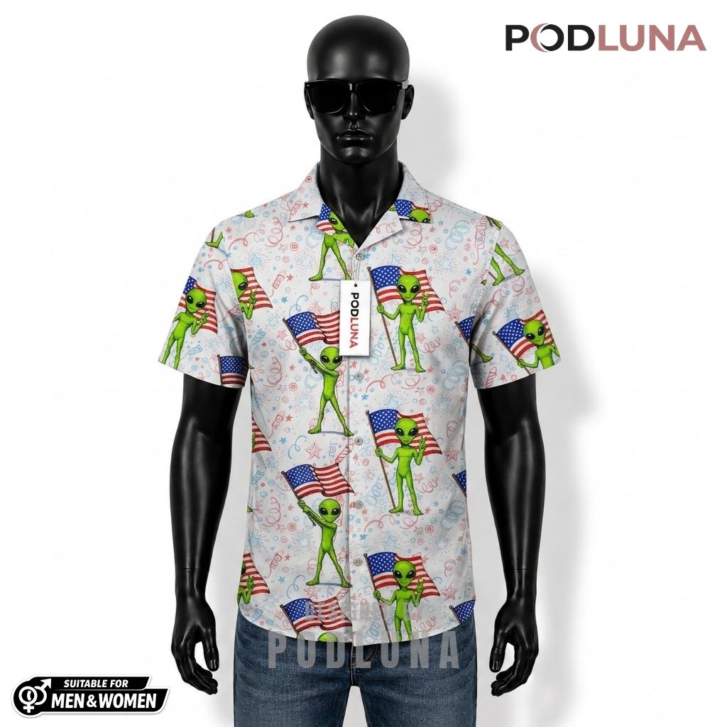 Alien Patriotic Hawaiian Shirt USA Flag Star Confetti Front