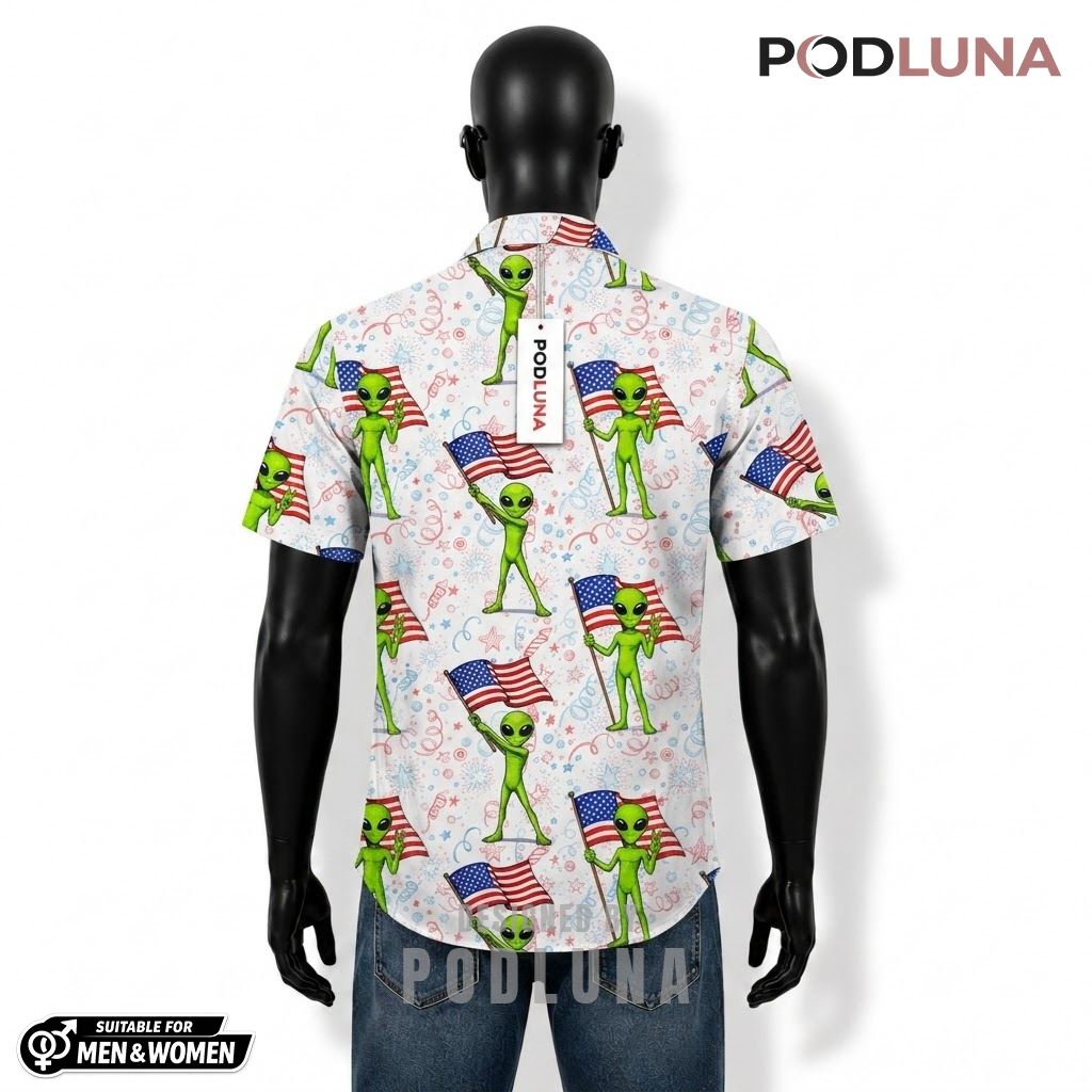 Alien Patriotic Hawaiian Shirt USA Flag Star Confetti Back Alien Patriotic Hawaiian Shirt USA Flag Star Confetti Back