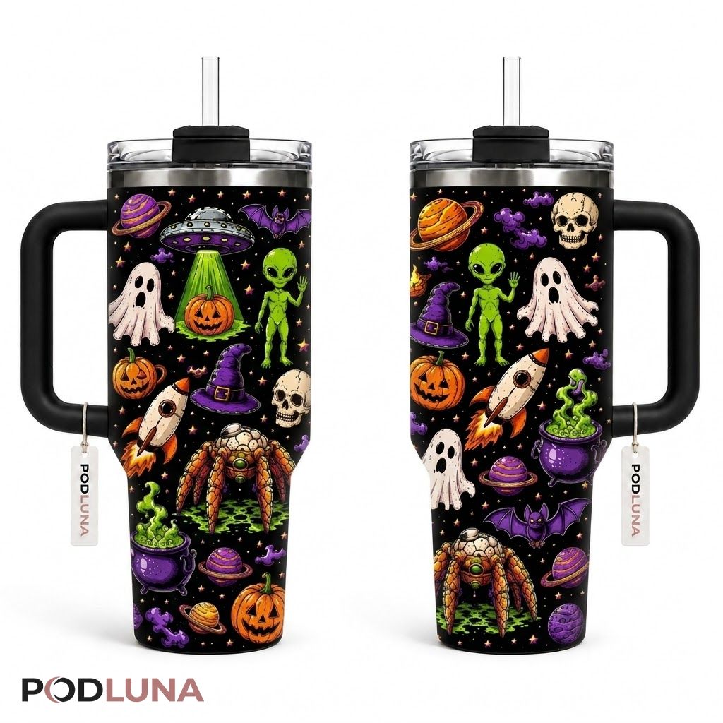 Alien Space UFO Halloween Tumbler 40oz Ghost Skull Design