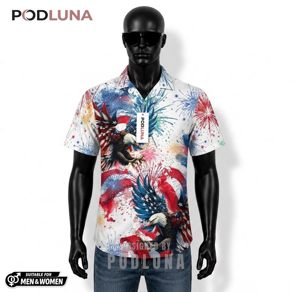 America 250th Anniversary Patriotic Hawaiian Shirt Eagle Fireworks Front