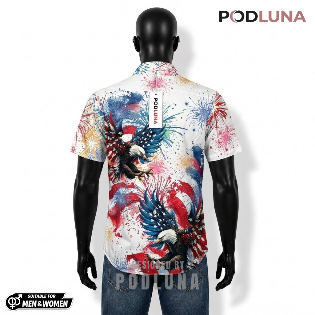 America 250th Anniversary Patriotic Hawaiian Shirt Eagle Fireworks Back America 250th Anniversary Patriotic Hawaiian Shirt Eagle Fireworks Back
