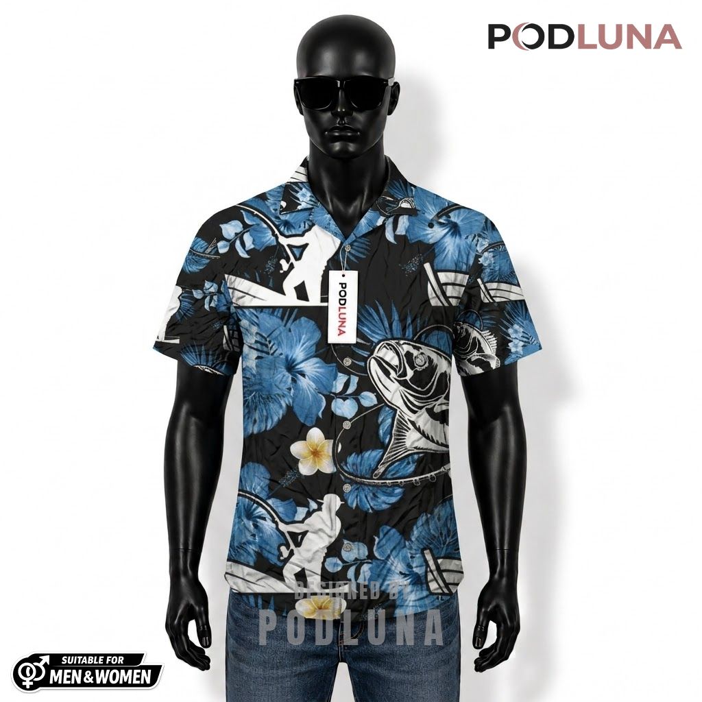 Angler Fishing Hawaiian Shirt Silhouette Hibiscus Boat Print Front