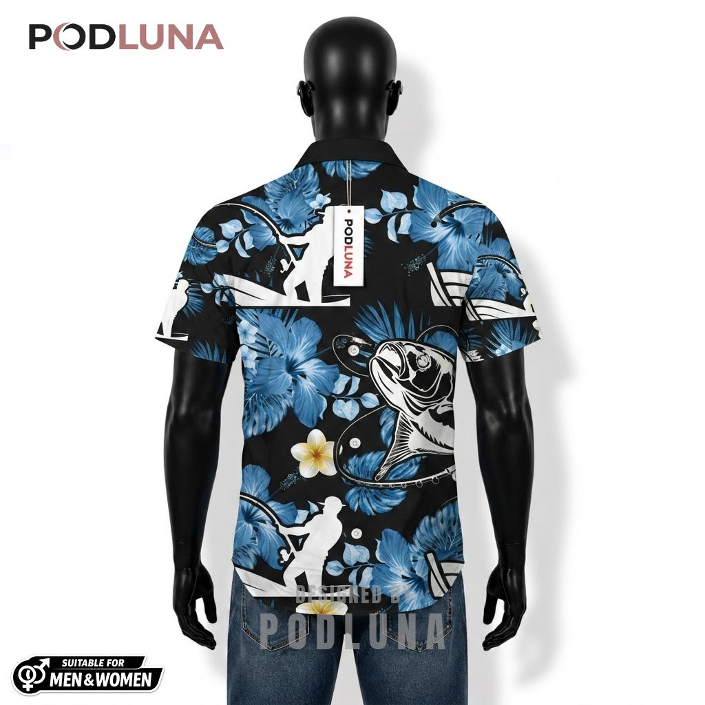 Angler Fishing Hawaiian Shirt Silhouette Hibiscus Boat Print Back Angler Fishing Hawaiian Shirt Silhouette Hibiscus Boat Print Back