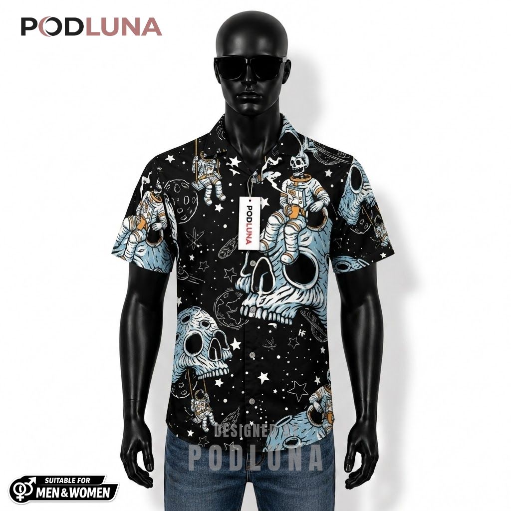 Astronaut Skull Halloween Hawaiian Shirt Space Moon Front