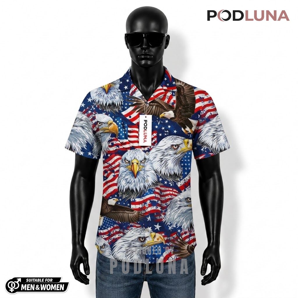 Bald Eagle Patriotic Hawaiian Shirt USA Flag Print Design Front