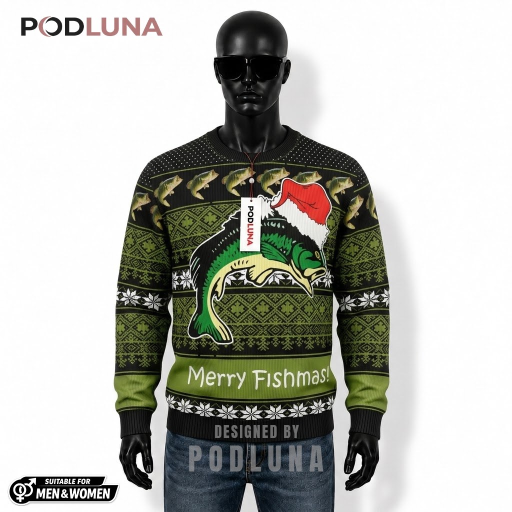 Bass Fish Ugly Christmas Sweater Merry Fishmas Front