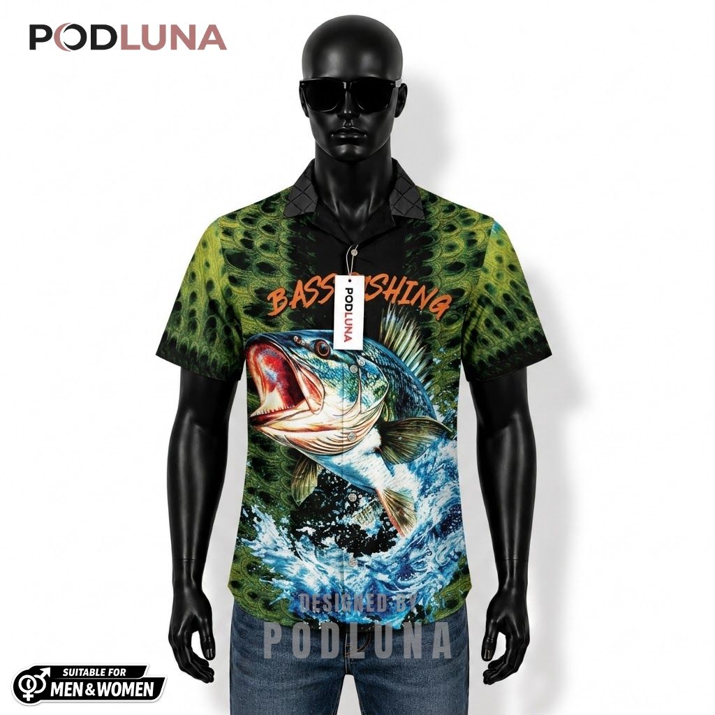 Bass Fishing Hawaiian Shirt Green Scale Splash Print Front